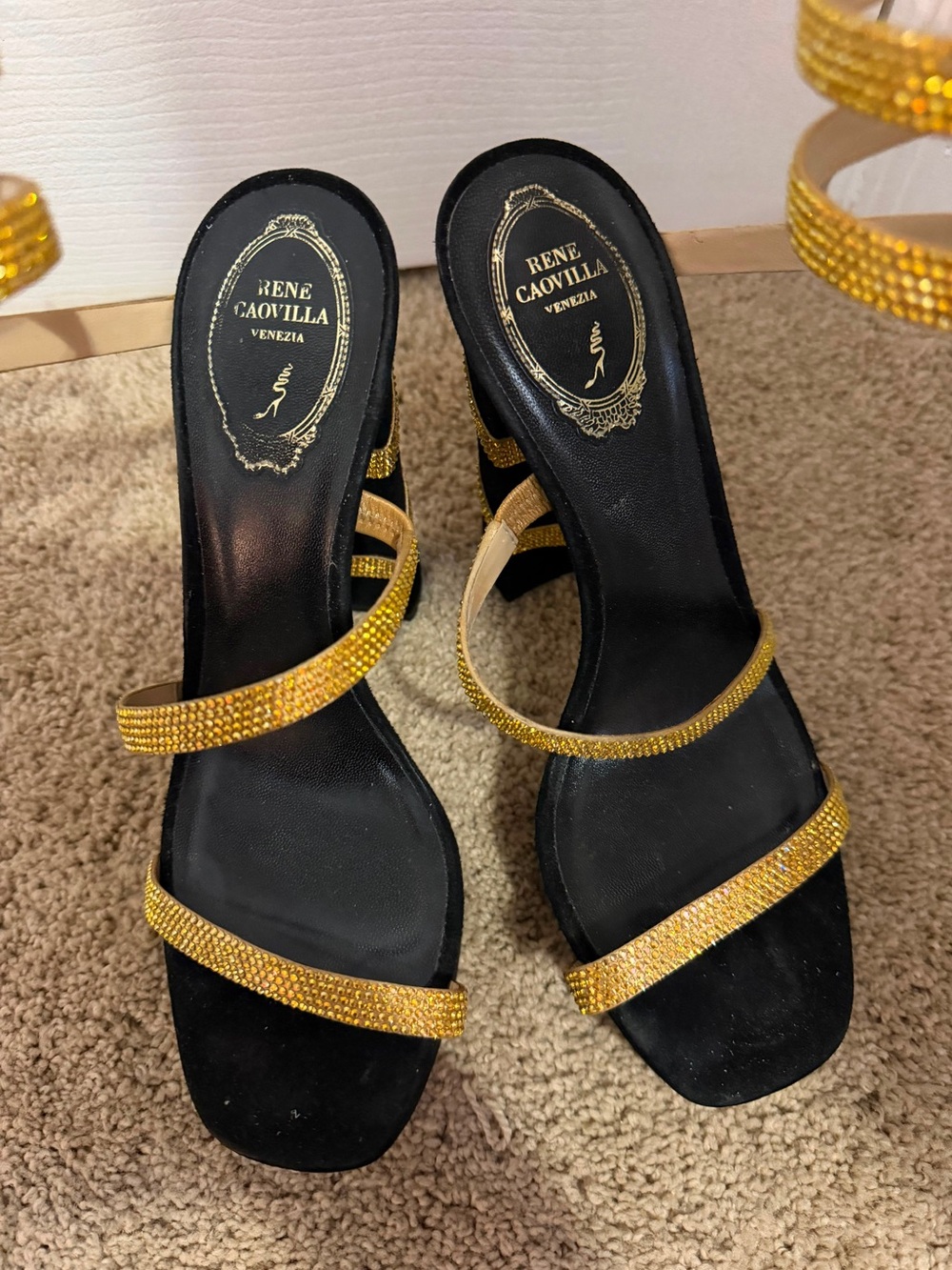 Rene Caovilla Black and Gold Jeweled Strappy Heels